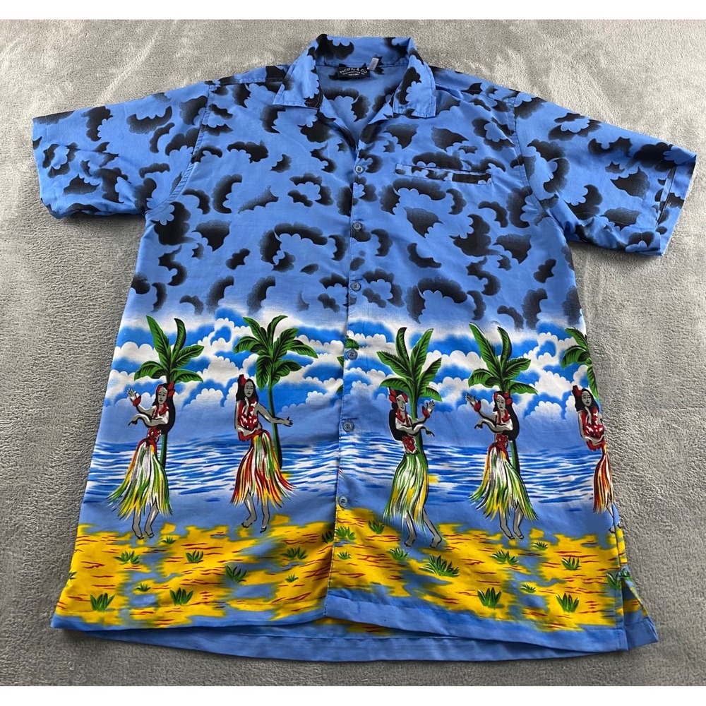 Pacific‎ & Co Mens Blue Hula Dancer Hawaiian Camp Shirt Short Sleeve Size M